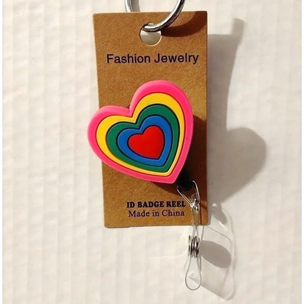 Rainbow Heart ID Badge Reel With Clip For Lanyard Or Keychain